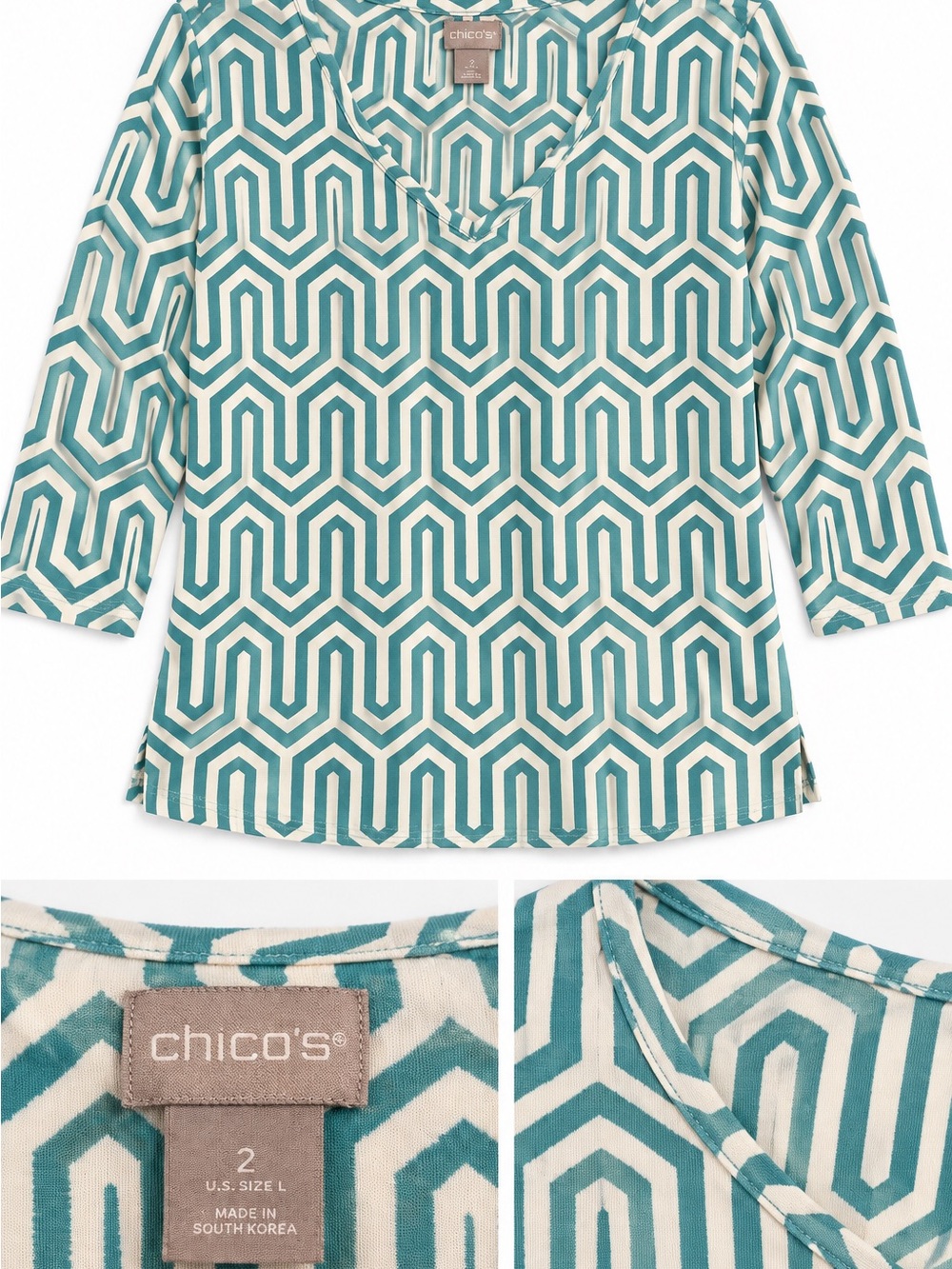 Chico's Girls' Teal Geometric V-Neck Top